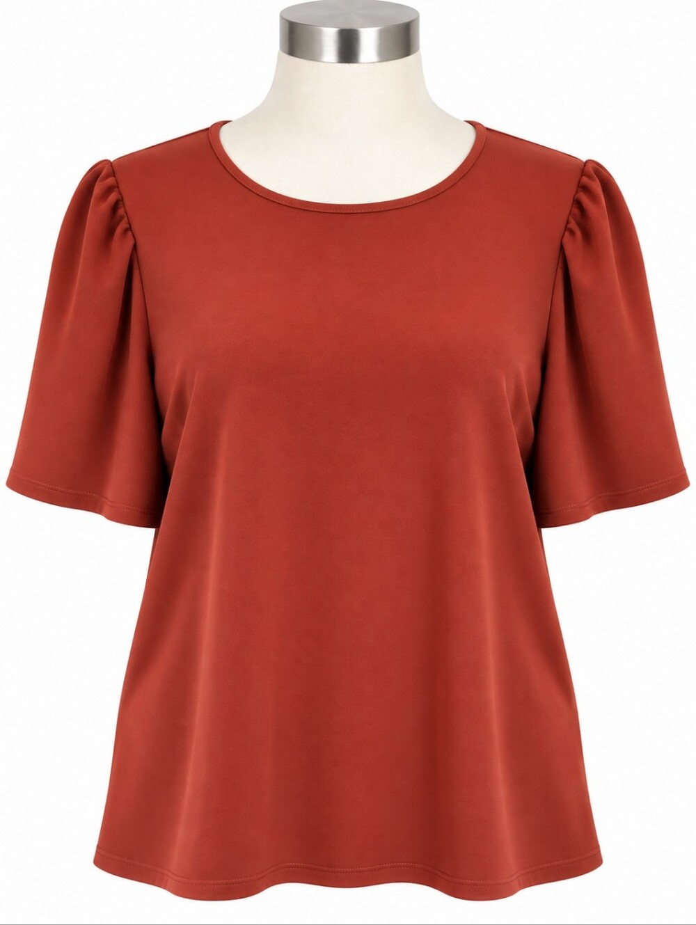 EXPRESS Burnt Orange Puff Short Sleeve Top Blouse Crew Neck Ruched Shoulder XL